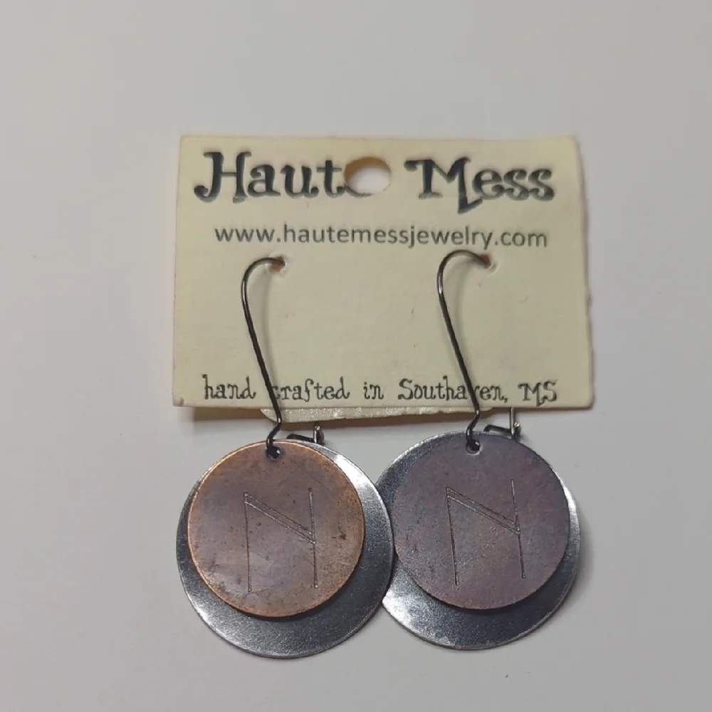 ❤️5/$25 Haut Mess Silver and Bronze Earrings Letter N